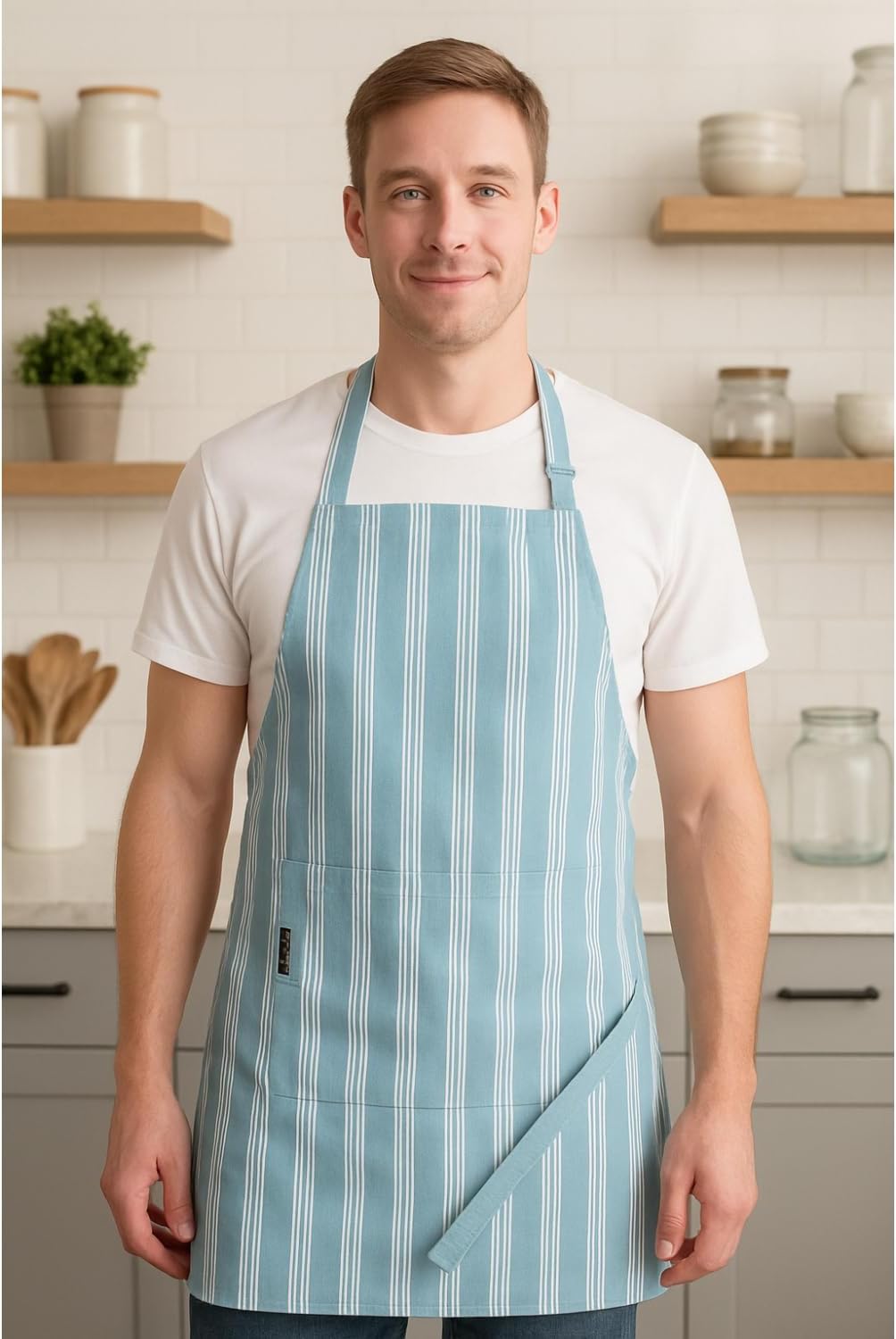 AMOUR INFINI Cotton Striped Aprons for Women with Pockets - Adjustable Strap and Waist Ties Printed Apron for Baking, Cooking, Gardening (27.5 x 33 Inches - Dove Blue)