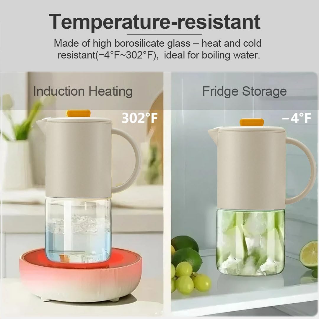 Delove Borosilicate Glass Pitcher with Lid & Auto Spout – Shatterproof Plastic Shell, Wide Mouth Design – 62 oz (1.9 Quart) Jug for Cold/Boiling Water, Iced Tea, Juice (1, Beige)