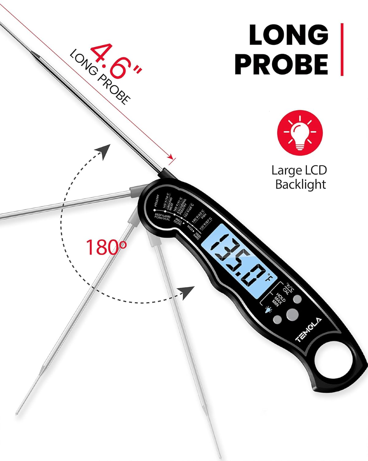 TEMOLA Meat Thermometer, Instant Read Food Thermometer with LCD Backlight Calibration, Waterproof Ultra Fast Digital Cooking Thermometer for Candy Deep Fry Liquids Beef Kitchen Baking Smoker Grill BBQ