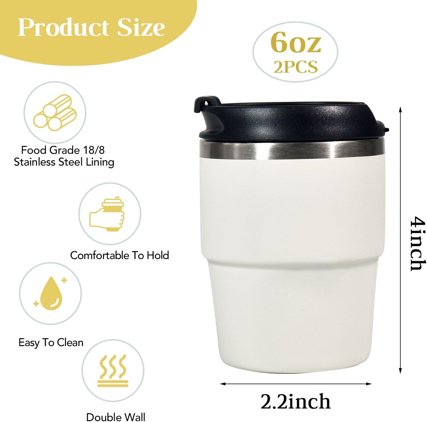 6oz Vacuum Insulated Espresso Cup Set of 2, Espresso Shot Cup for Coffee, Double Wall Stainless Steel Mini Tumbler Shot Glasses with Lid, Mini Coffee Cup