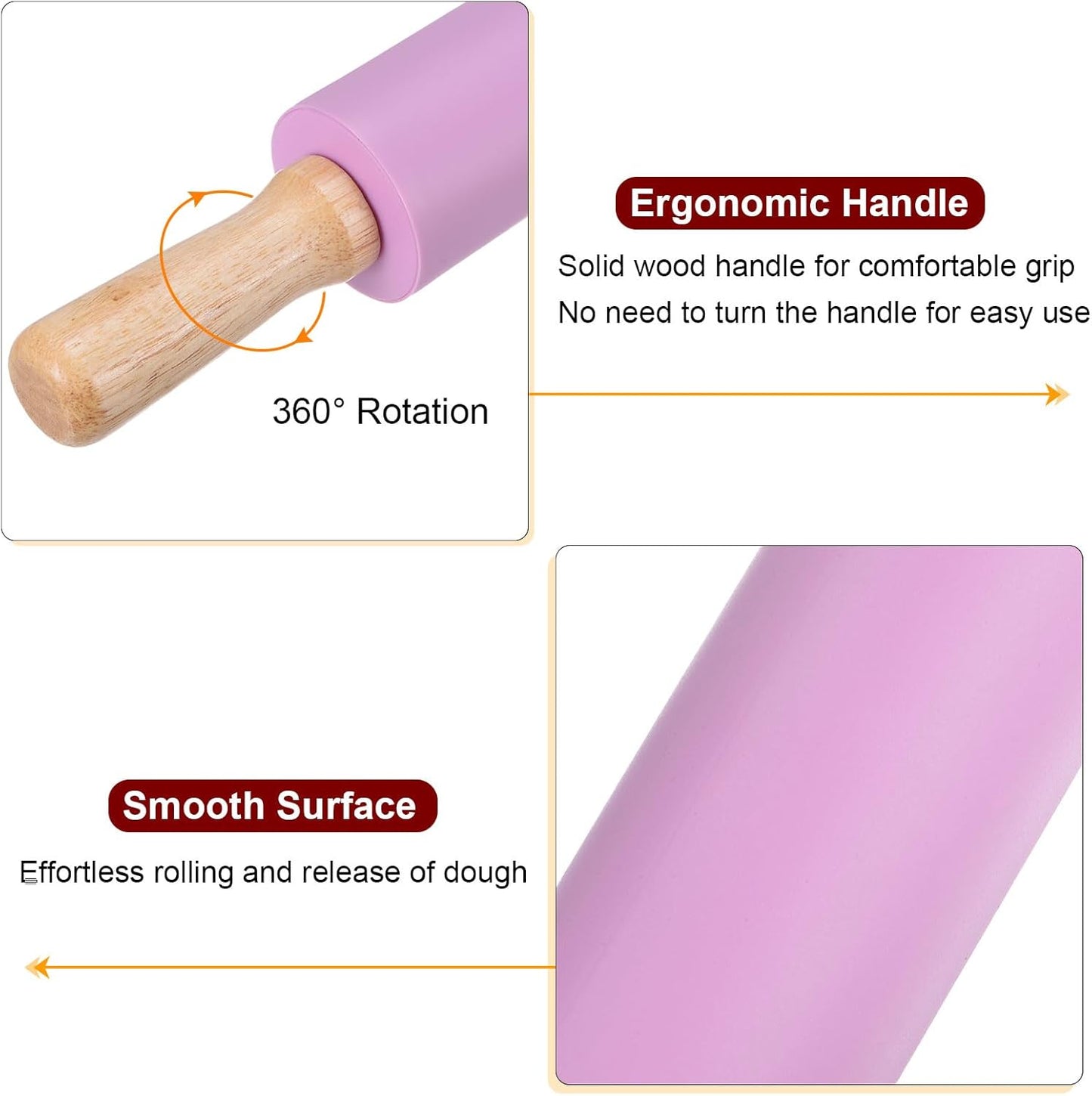HARFINGTON Silicone Rolling Pins for Baking 16.93 Inch Non-Stick Silicone Surface Wooden Handle Rolling Pin Small Roller Playdough Rolling Pins for Fondant Kitchen Dough Pizza, Purple