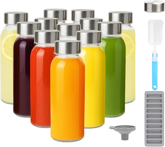 Zukro Glass Water Bottles with Lids 10 oz, Reusable Clear Juice Bottles With Stainless Steel Airtight Cap for Juicing, 100% Leak Proof Juice Drinking Jar for Ginger and Milk, BPA Free