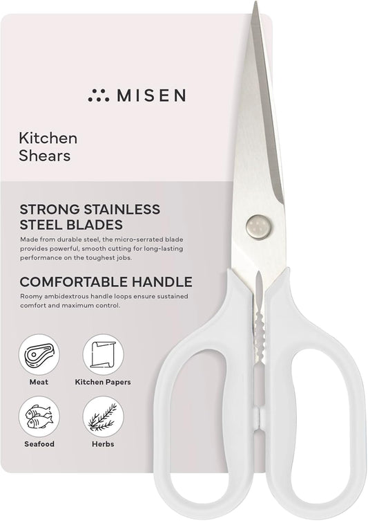 Misen Heavy Duty Kitchen Shears - Comfortable Ambidextrous Scissors for Meat, Poultry, Herbs & More - Easy to Clean - German Stainless Steel - Large | White