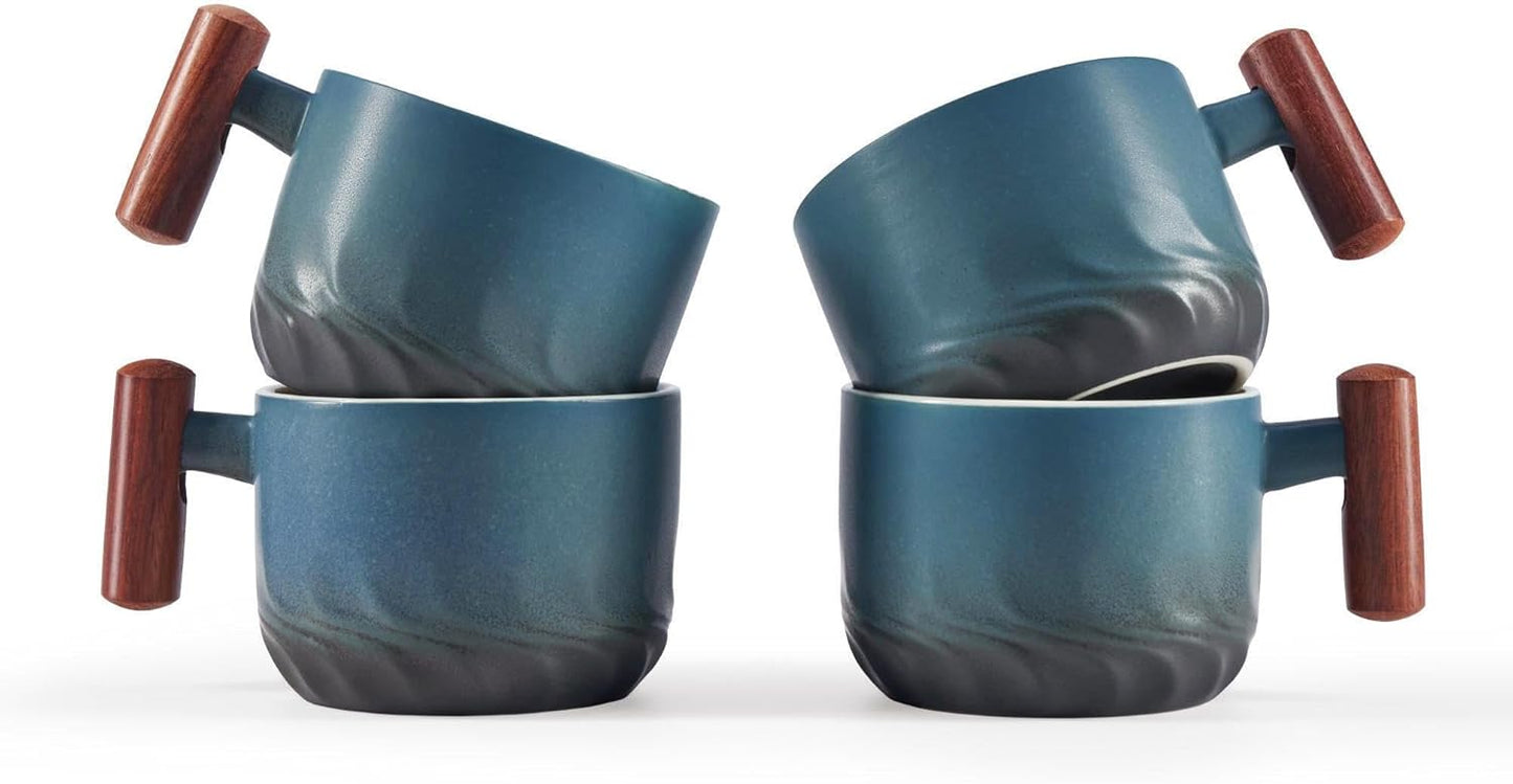 2.5oz Ceramic Espresso Cups with Wooden Handle, Small Coffee Cups Double Shot Espresso Cups Set of 4