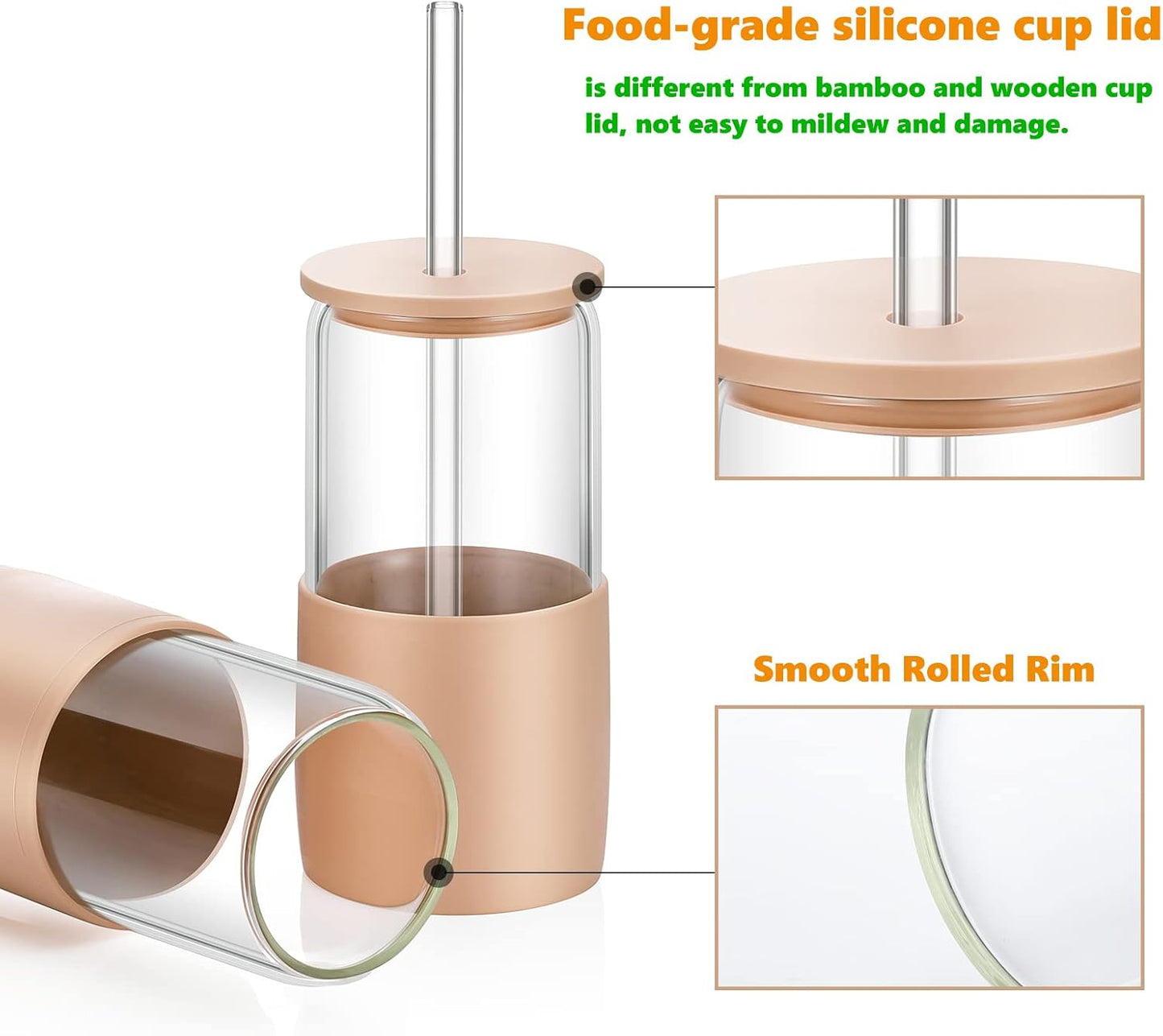 Sunseeke Glass Tumbler with Straw and Lid, 16oz Ice Coffee Cup, Silicone Sleeve Cleaning Brushes, Drinking Glasses for Water, Iced Coffee, Smoothie - BPA Free (Sandy Beige)