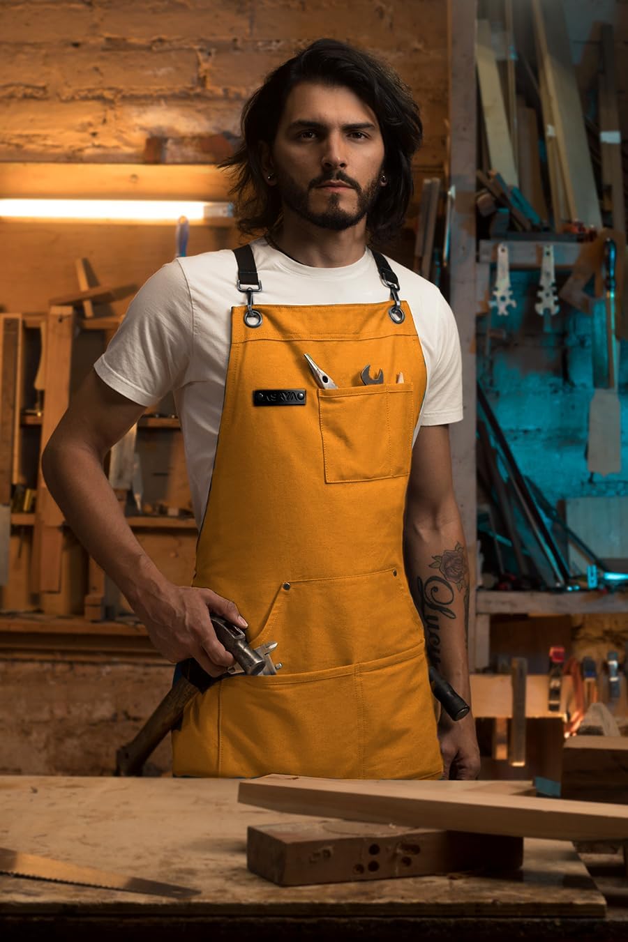 Asaya Chef and BBQ Apron with Bottle Opener and Hand Towel - 10oz Cotton Canvas, Stainless Steel Hardware - Cross Back Straps