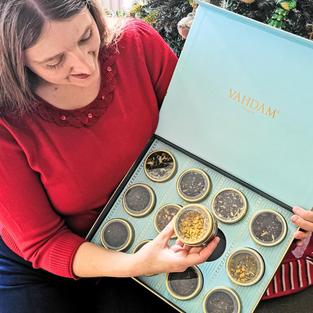 VAHDAM, Bloom - Assorted Tea Gift Sets (12 Loose Leaf Tea) Tin Caddy Presentation Box | Gluten Free, Non GMO | Gifts for Him and Her