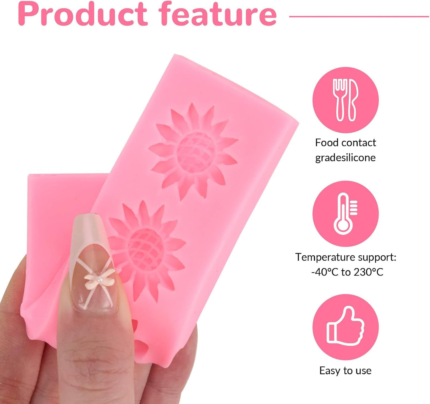 4 Pcs Bumble Bee Silicone Molds Kit with Honeycomb, Bee and Sunflower, Fondant, Chocolate, Cupcake, Cake Decorating, Candy Molds(Pink)