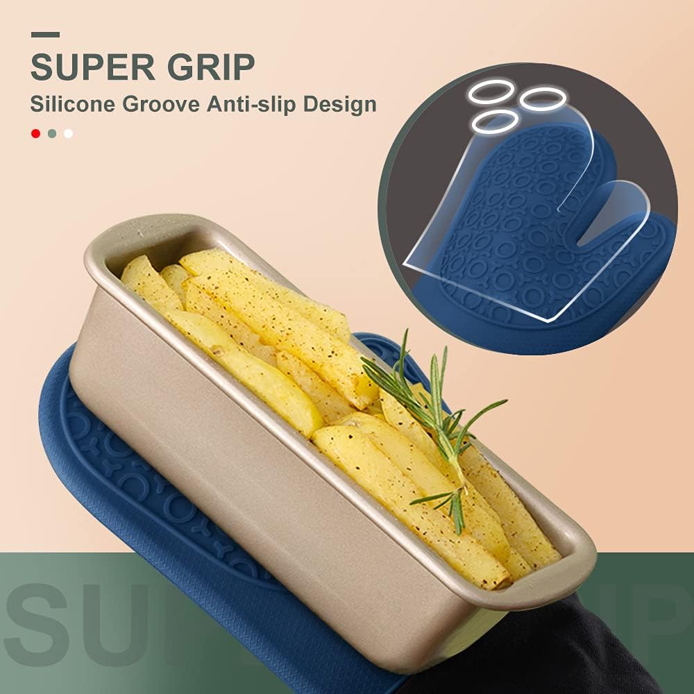 sungwoo Extra Long Silicone Oven Mitts, Heat Resistant Oven Gloves with Quilted Liner Non-Slip Textured Grip Perfect for BBQ, Baking, Cooking and Grilling - 1 Pair 14.6 Inch Royal Blue & Black