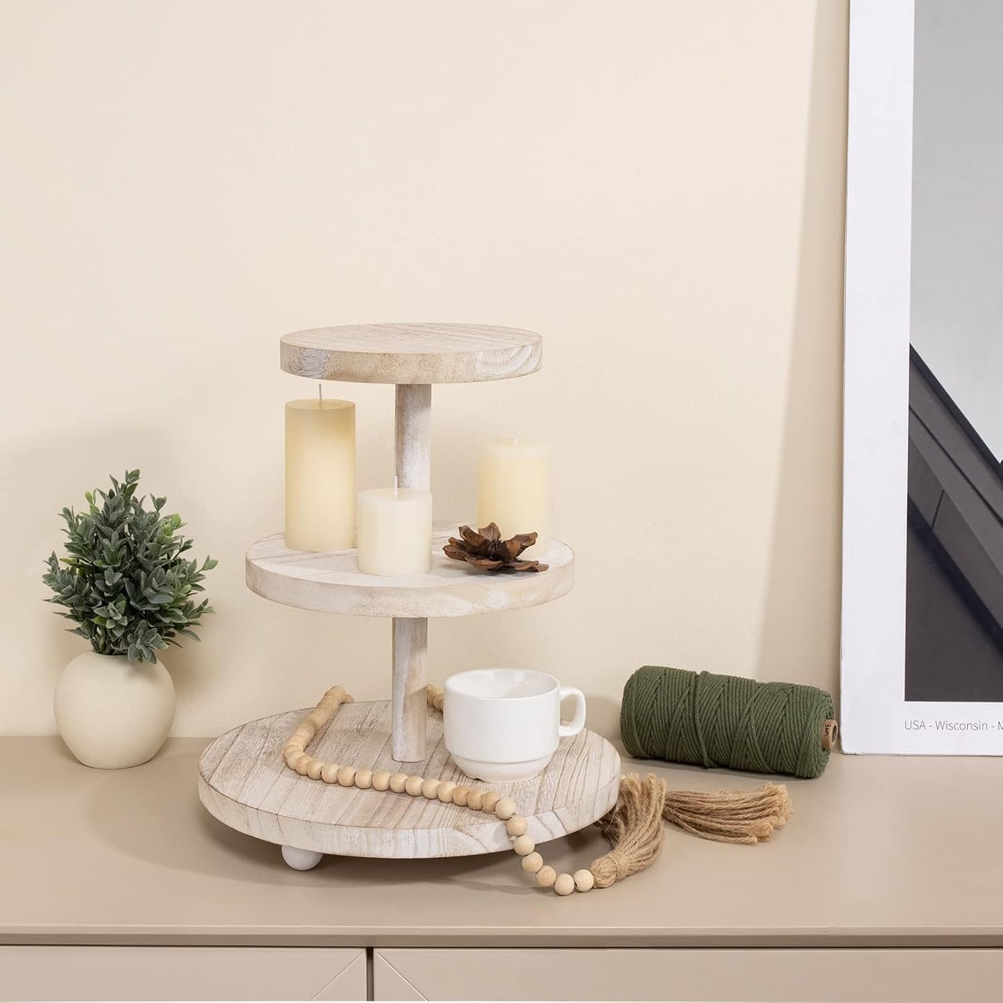 3 Tier Cupcake Stand Round,Wood Cake Stand with Tiered Tray Decor,Rustic Cake Stand for 24 Cupcakes,Cupcake Display for Home Tea Party, Birthday, Wedding, Farmhouse Decor