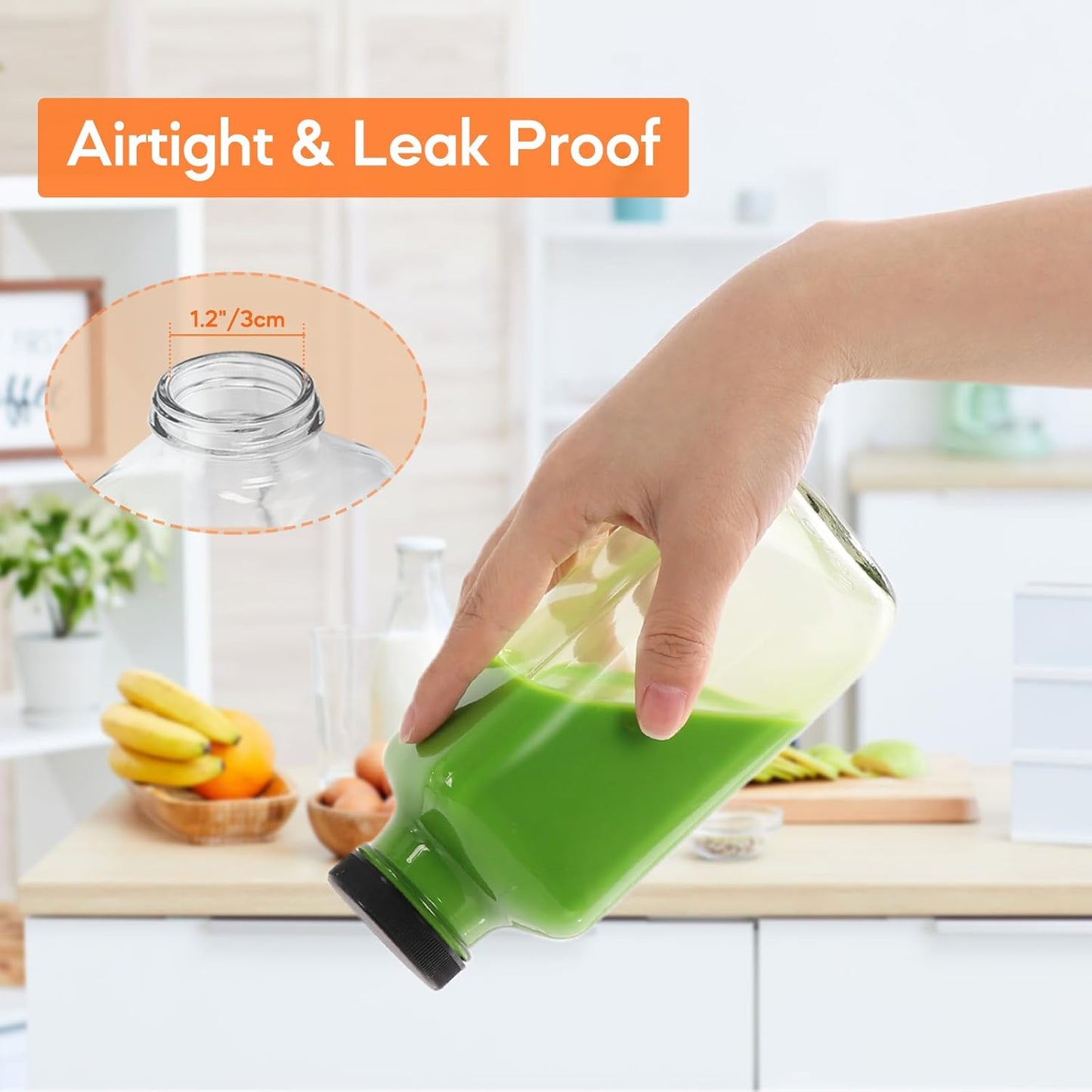 STARSIDE 16 oz Glass Juice Bottles with Lids 6 Pack - Square Reusable Drinking Jars for Juicing, Milk, Kombucha - Includes 1 Bottle Brush, 6 Colored Labels