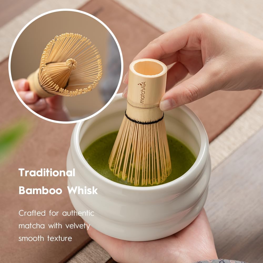 Matcha Whisk 8 Pcs Set - Ceramic Bowl, Bamboo Whisk with Holder, Canister, Sifter, Schima Spoon, Spoon Rest and Tea Towel, Complete Kit for Traditional Matcha and Modern Lattes (Glossy White)