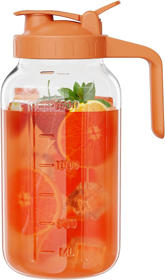 Glass Mason Jar Pitcher, 64 oz Wide Mouth Jug with Pour Spout Handle Lid for Cold Brew Coffee, Ice Beverage, Iced Juice, Lemonade, Sun Tea, Fruit Drinks Container（Orange）
