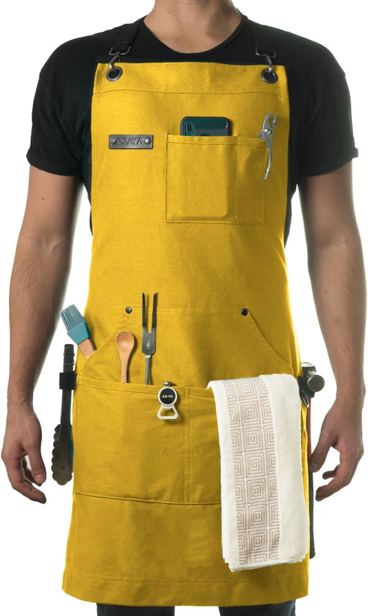 Asaya Chef and BBQ Apron with Bottle Opener and Hand Towel - 10oz Cotton Canvas, Stainless Steel Hardware - Cross Back Straps