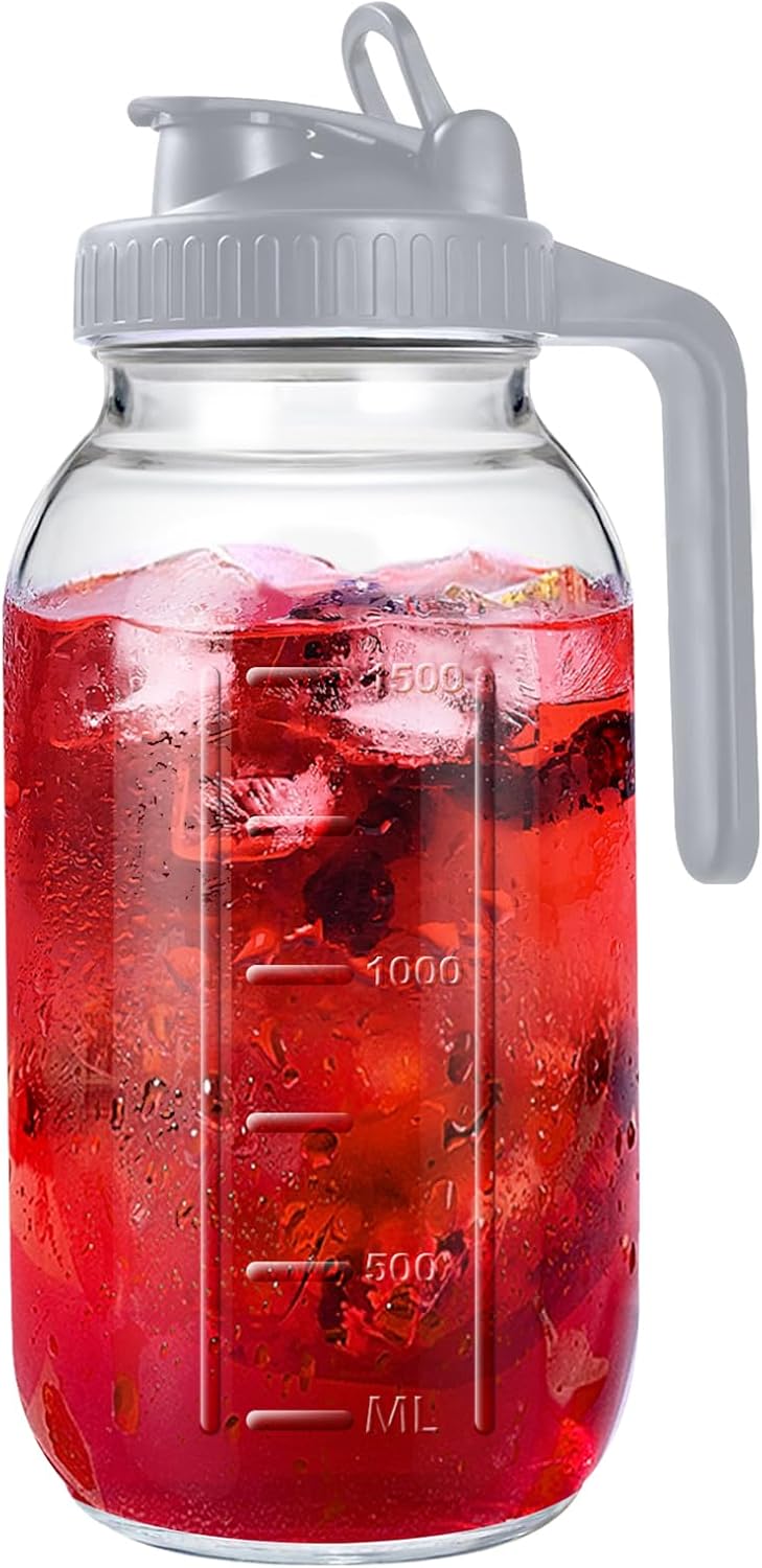 Mason Jar Pitcher, 64 OZ Glass Pitcher with Lid Double Leak-proof with Handle Water Jug Wide Mouth Breast Milk Pitcher Fridge Container for Water, Juice, Iced Coffee, Tea, Juice - Gray