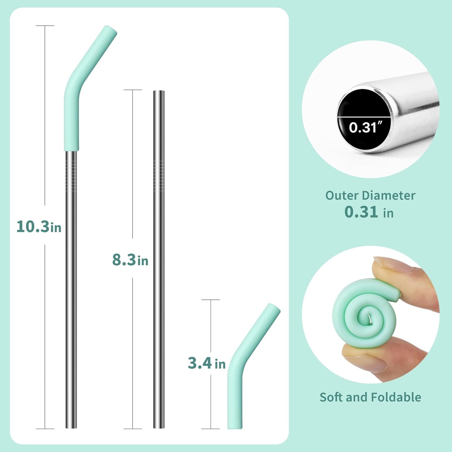 Stainless Steel Straw for 20 oz YETI Tumbler, 8.5in Metal Straight Straws Reusable with Silicone Tip for Milk, Juice, Cola, Coffee- 2 Cleaning Brushes & 1 Portable Bag