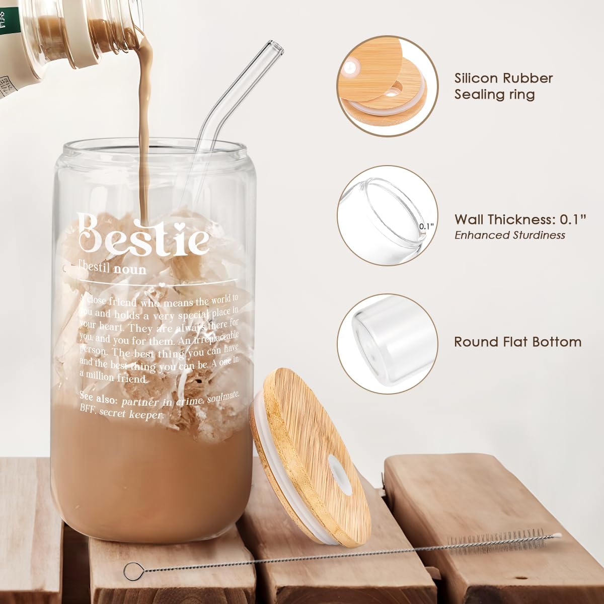 SANDJEST Best Friend Glass Can, Besties Definition Cup with Lid & Straw, Iced Coffee Aesthetic Cups, Gift for Christmas Birthday Mother Day, Gifts for Women Friends Sisters, 16oz