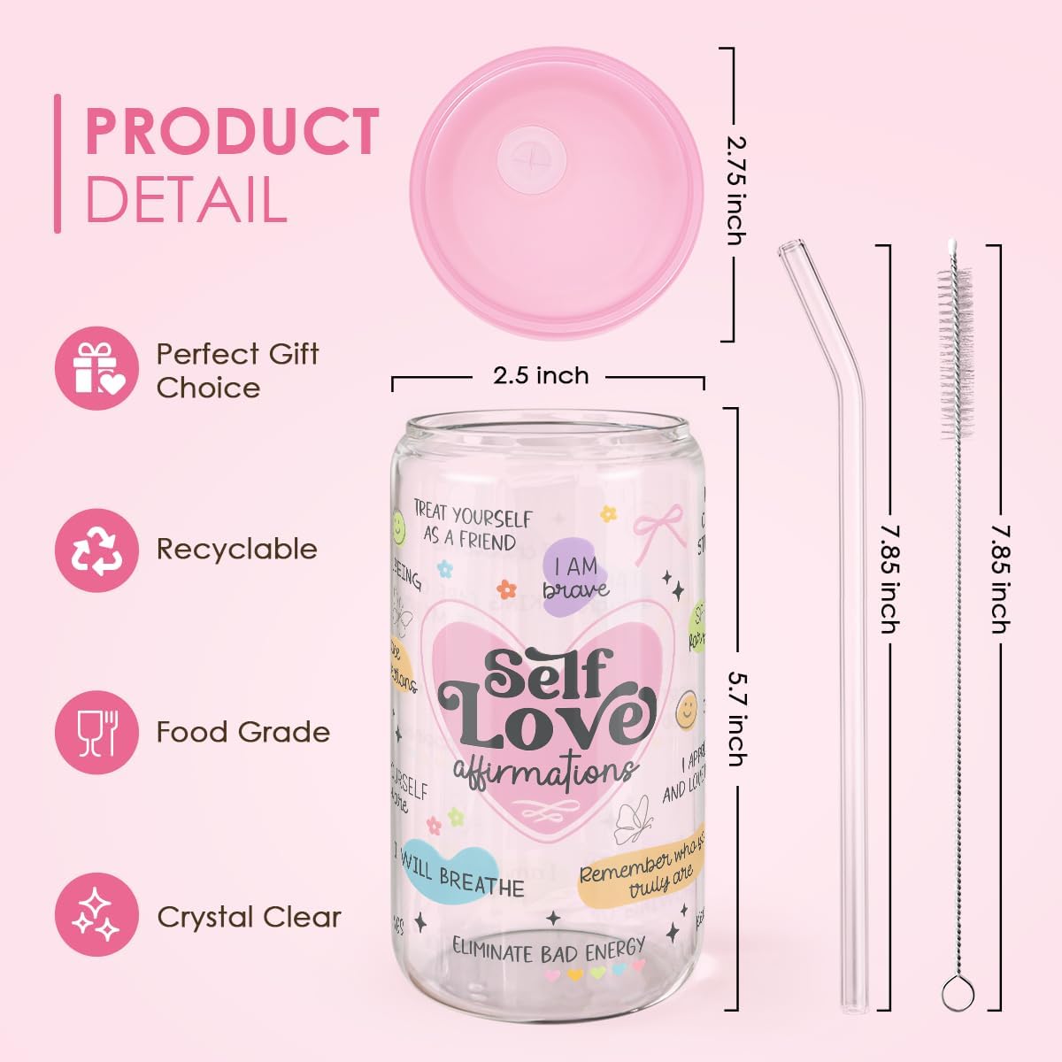 SANDJEST Inspiration Glass Can, Self Love Iced Coffee Aesthetic Cup, Gifts for Christmas Birthday, Gift for Women Girls, 16oz