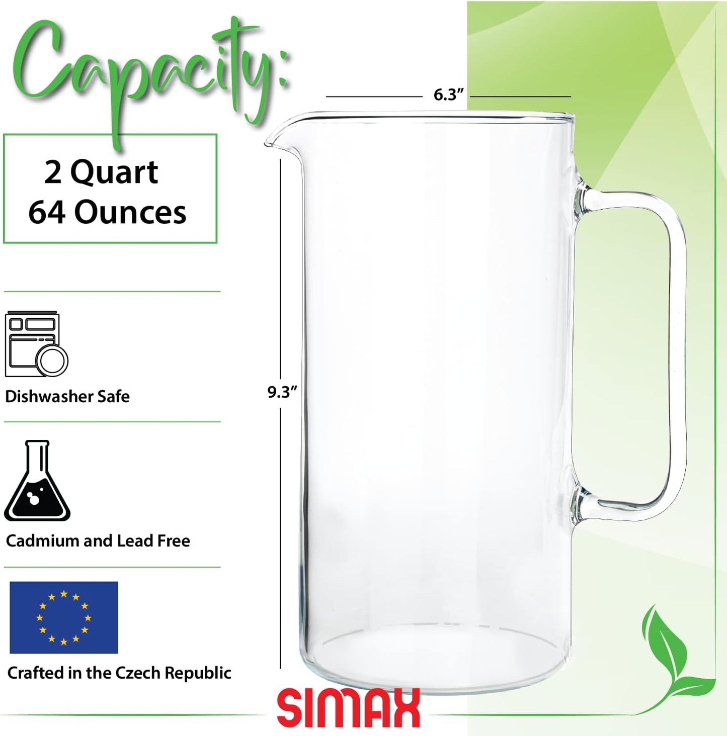 Simax Glass Pitcher, 64 Ounce (2 Quart) Borosilicate Glass, Made in Europe Hot and Cold Safe Iced Tea Pitchers for Drinks, Water, Lemonade Pitcher, Cocktail Jug, Sangria Pitchers