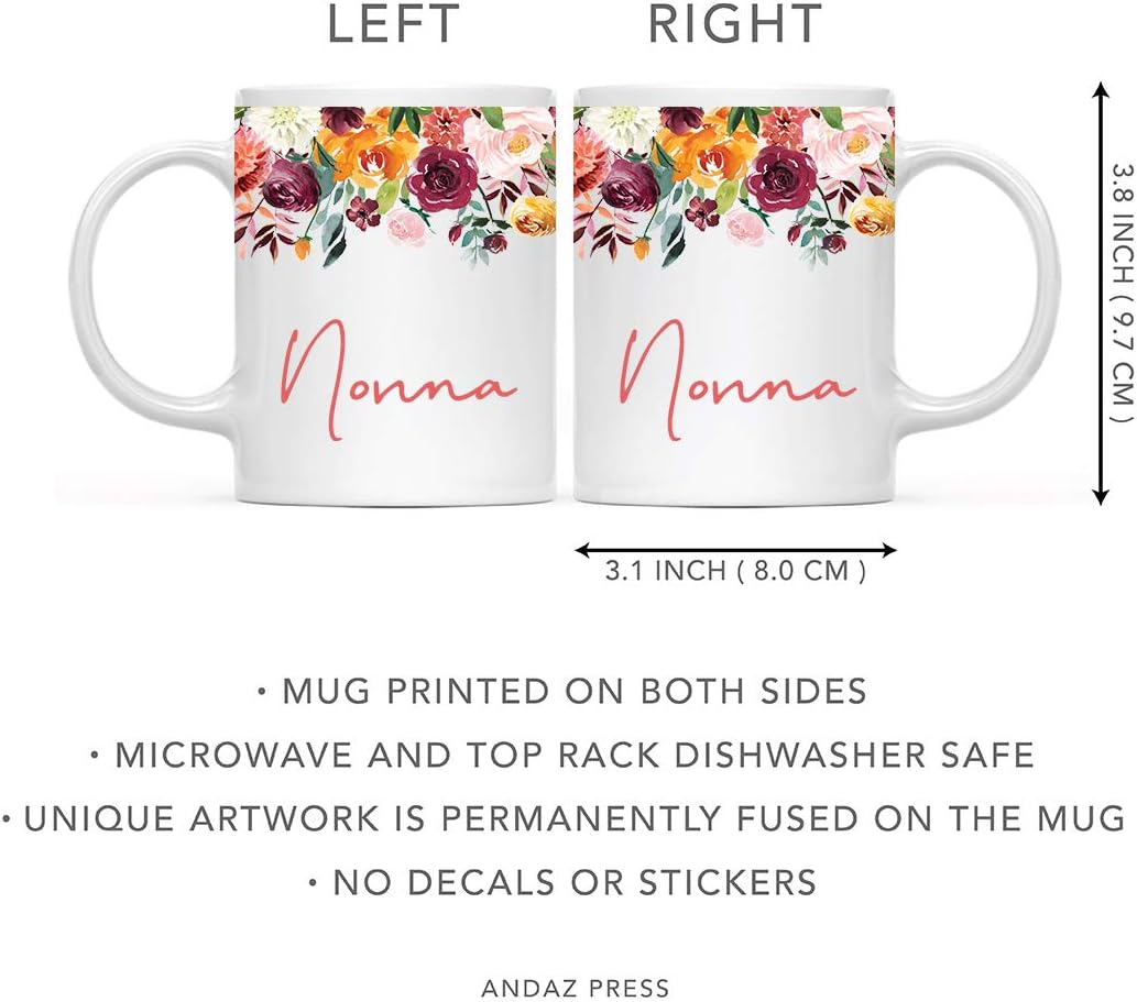 Andaz Press 11oz. Mother's Day Ceramic Coffee Tea Mug Gift, Fall Autumn Burgundy Orange Peach Flowers Roses Florals, Nonna, 1-Pack, Includes Gift Box, Birthday Christmas Gift Ideas