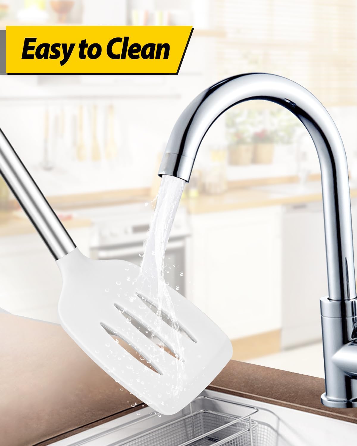 Pack of 4 Silicone Cooking Utensils Set, Non Stick Large Solid Spatulas, Heat Resistant Slotted Spoons, Ideal BPA Free Kitchen Turners for Frying, Mixing,Serving,Draining,Turning,Stirring (WHITE)