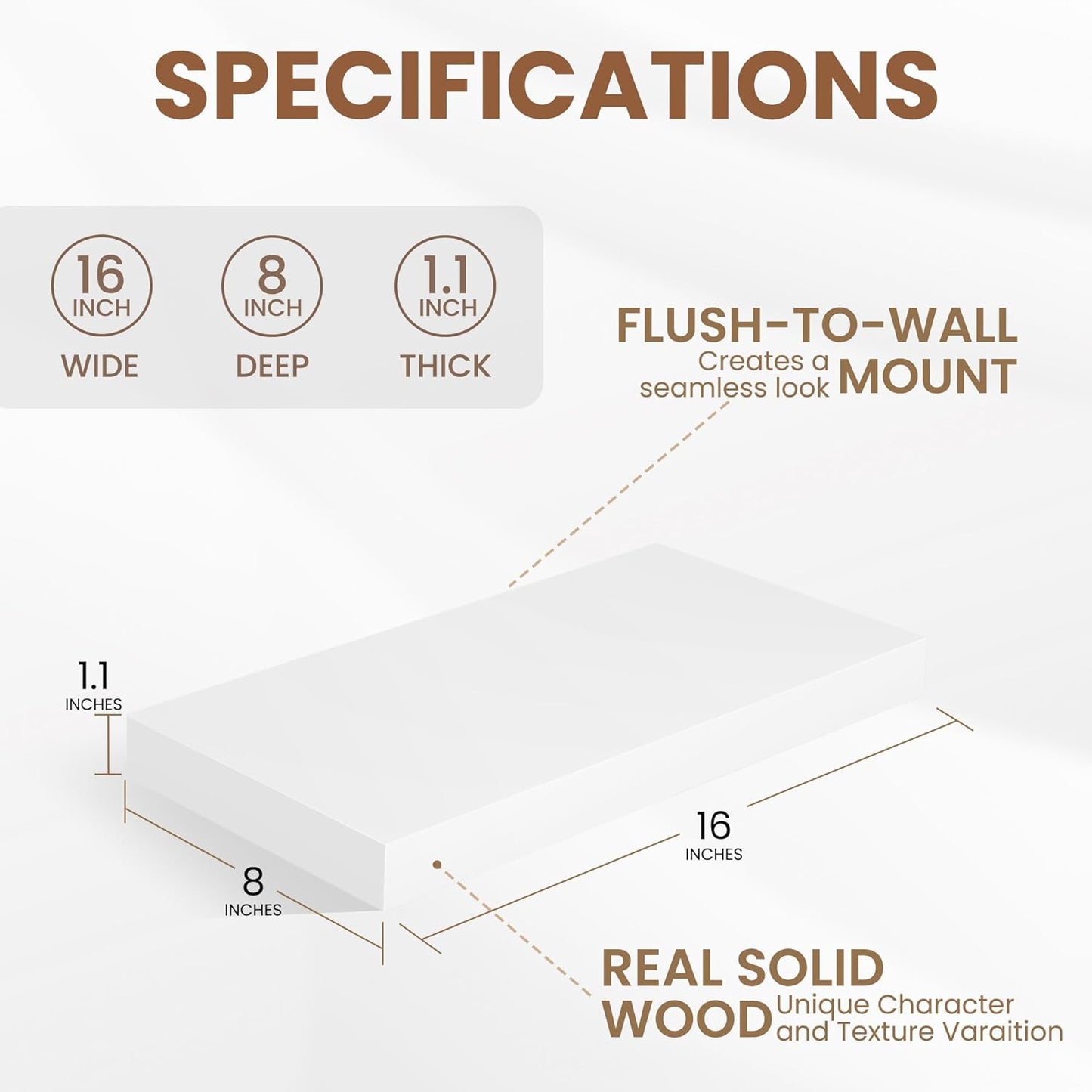 Floating Shelves for Wall, Real Wood Floating Shelf Set of 2, 8 Inch Deep Floating Shelves, Rustic Wood Wall Shelf for Home Decor, Deep Storage Shelves for Bathroom, Kitchen, 16"W x 8"D, White Color