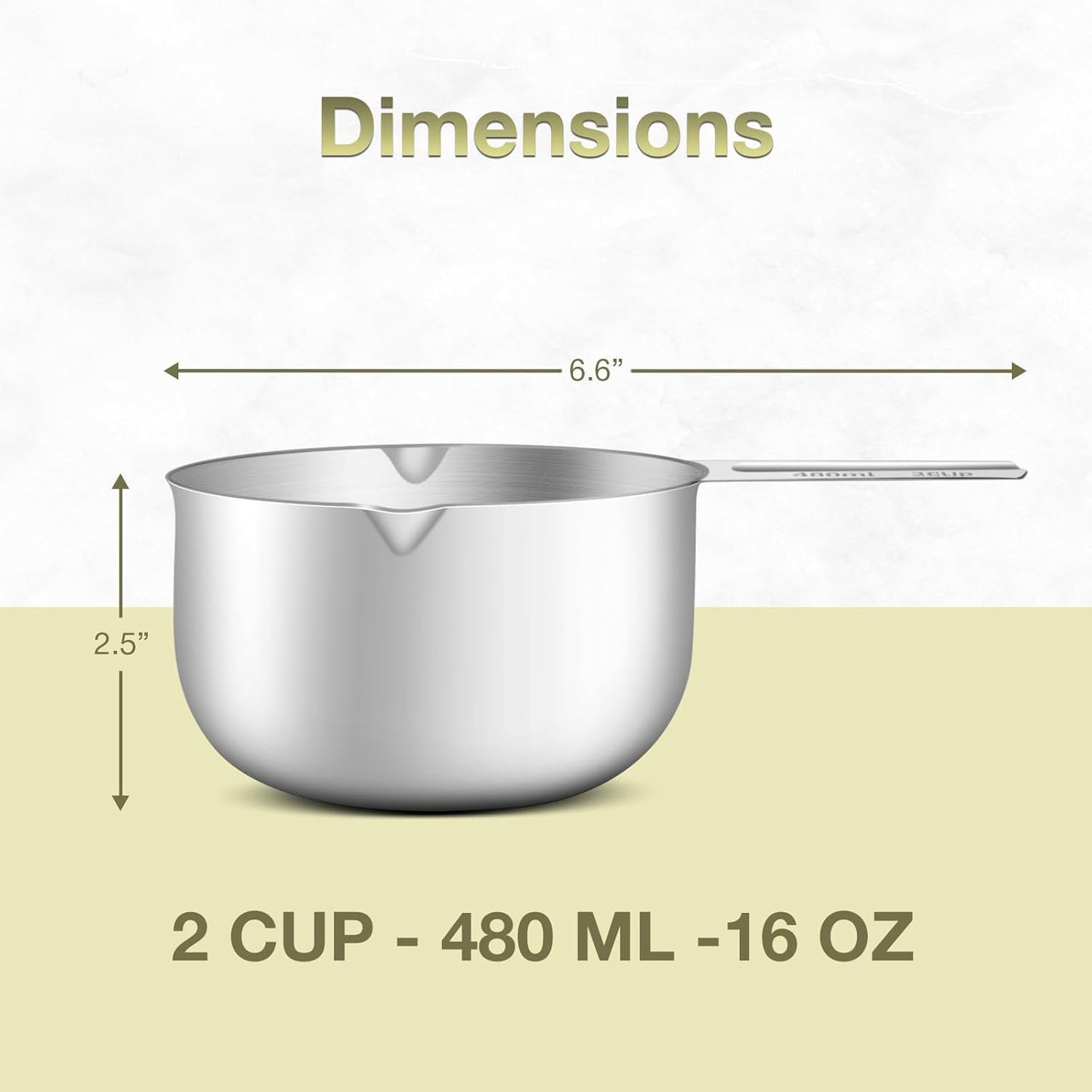 1PCS 2Cup (480ml, 16oz) Single Measuring Cup, Etched Inner Scale Stainless Steel Measure Scoop, Metric and US Measurement, Dishwasher Safe