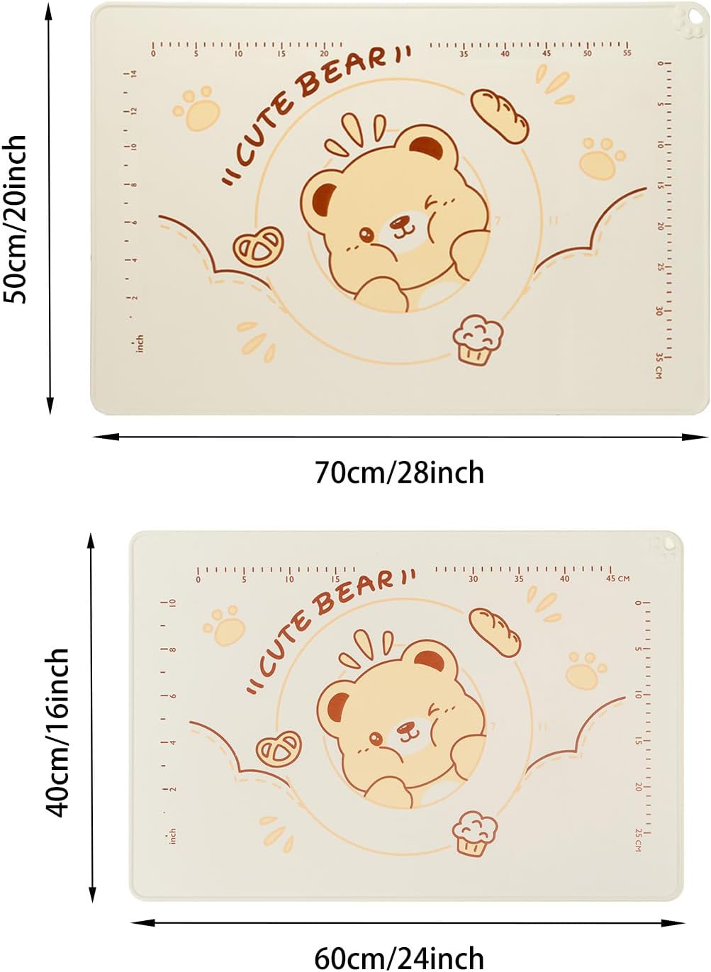 QELEG Non-Stick Silicone Baking Mat, 28'' X 20" Non Slip Pastry Mats Reusable Silicone Rolling Out Dough Mat with Measuremen and Edge Heightening Beige