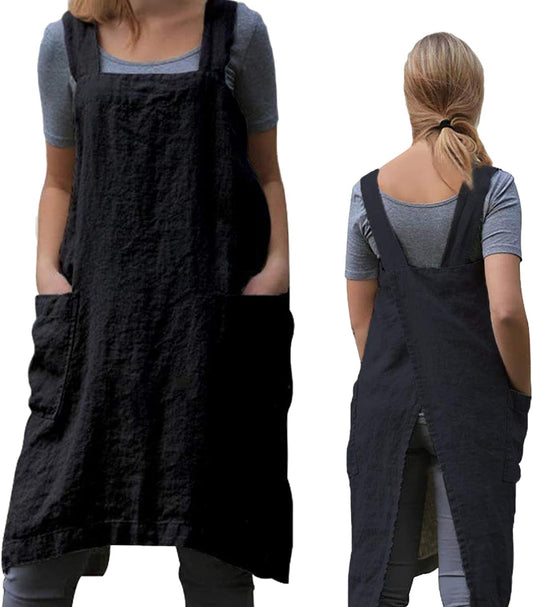 ZQFFB Pinafore Cross Back Apron for Women with Pockets Japanese Smock for Work Gardening Cooking Painting Baking