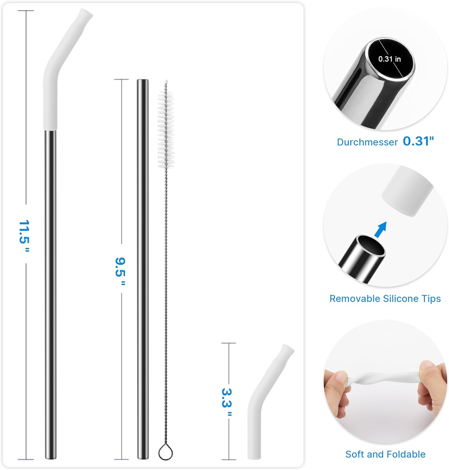 Repeatable Metal Straw with Silicone Tips for 30 oz Stanley Tumbler, 2 Pcs 30 oz Stainless Steel Straws Replacement for Stanley Tumbler, 1 Straw Brush, BPA Free（White）