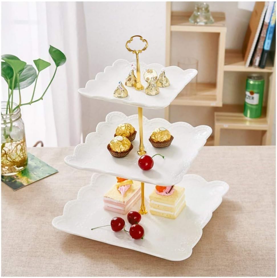 Sumerflos 3 Tier Porcelain Cupcake Stand, Tiered Serving Cake Stand, Square White Embossed Dessert Stand, Weddings Parties Pastry Serving Tray