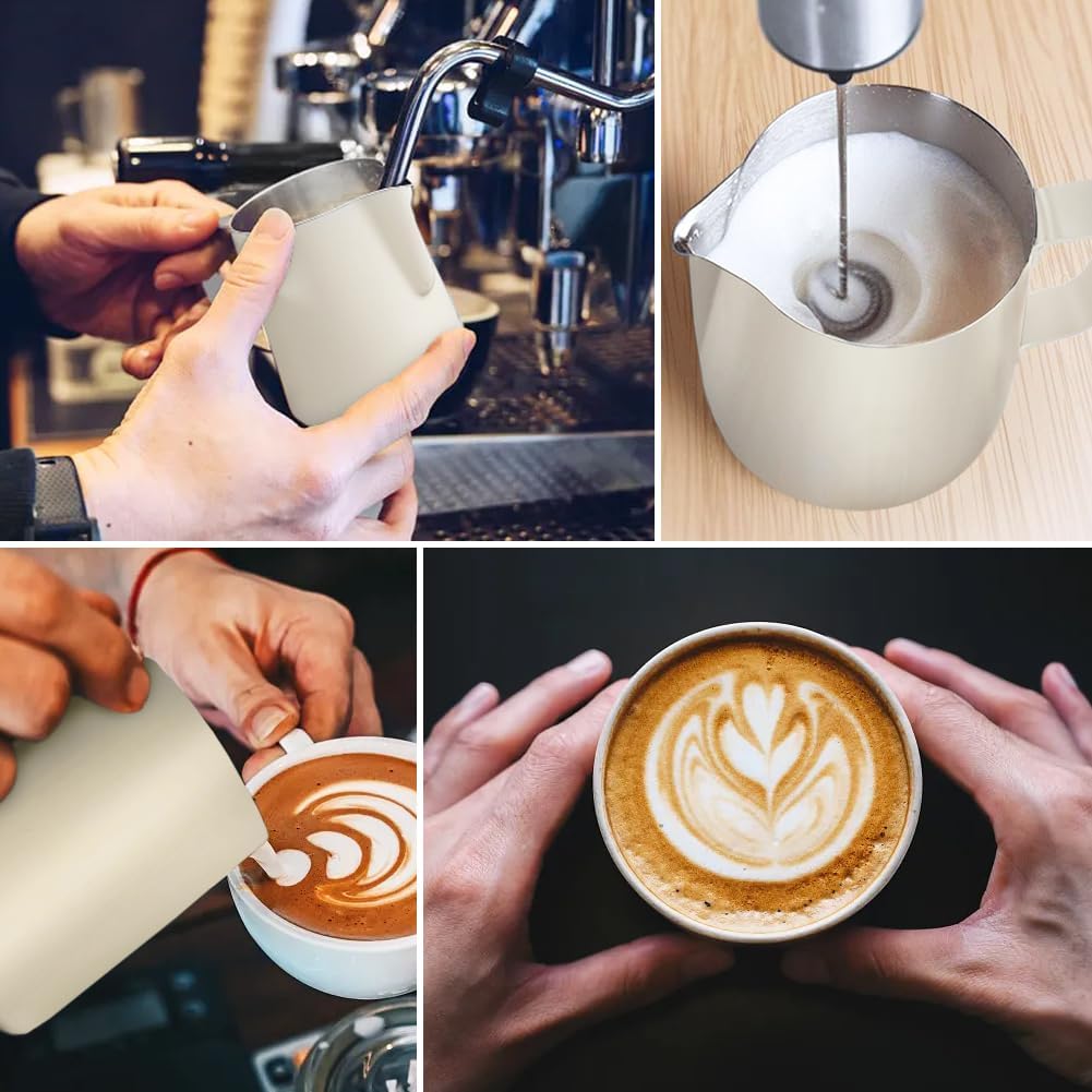 Frothing Milk Pitcher, 20 oz/600 ml Stainless Steel Frothing Milk Jug with Latte Art Pen,with Internal Measurements, for Cappuccino-White