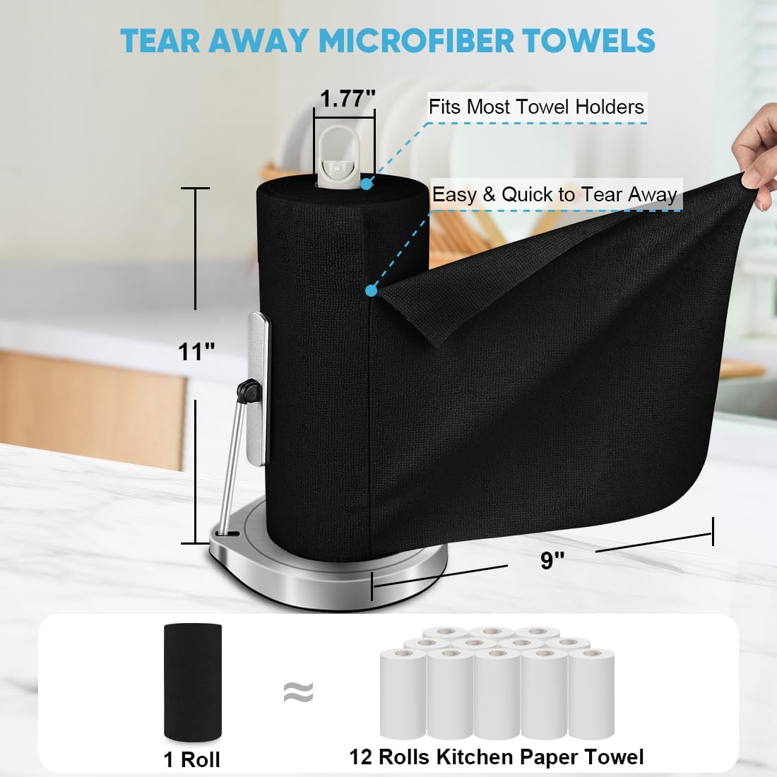 AIDEA Microfiber Cleaning Cloth 330 Sheets 6 Roll, Black Microfiber Towels for Cars, Shop Rags Washable, Cleaning Rags Reusable Paper Towels for Automotive, Mechanic, Workshops, House, 11×9"