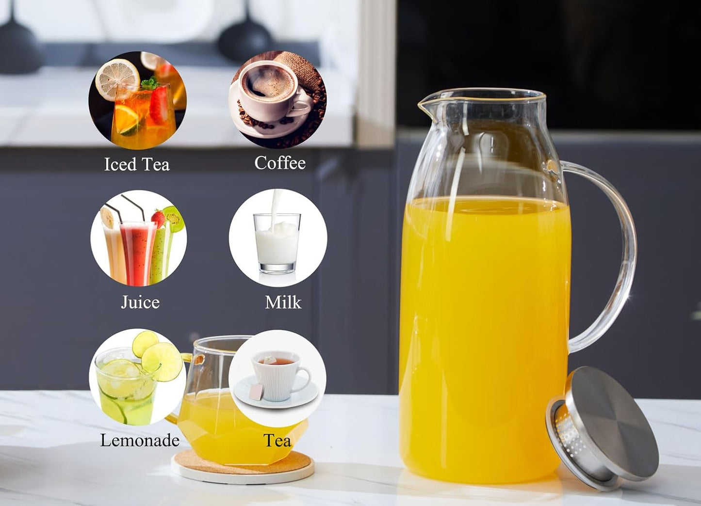 80 Ounces Glass Pitcher with Lid, Hot/Cold Water Jug, Juice and Iced Tea Beverage Carafe