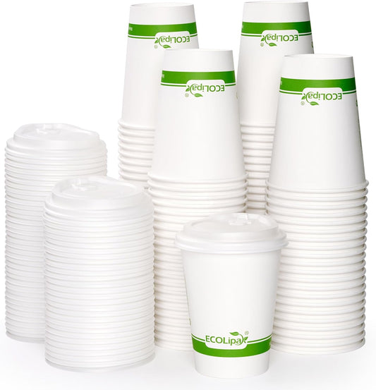 ECOLipak 100 Count 12 oz Compostable Paper Coffee Cups, Biodegradable Disposable Coffee Cups with CPLA Lid, Eco-friendly Hot Drinking Cups for Party, Picnic, Travel, and Events