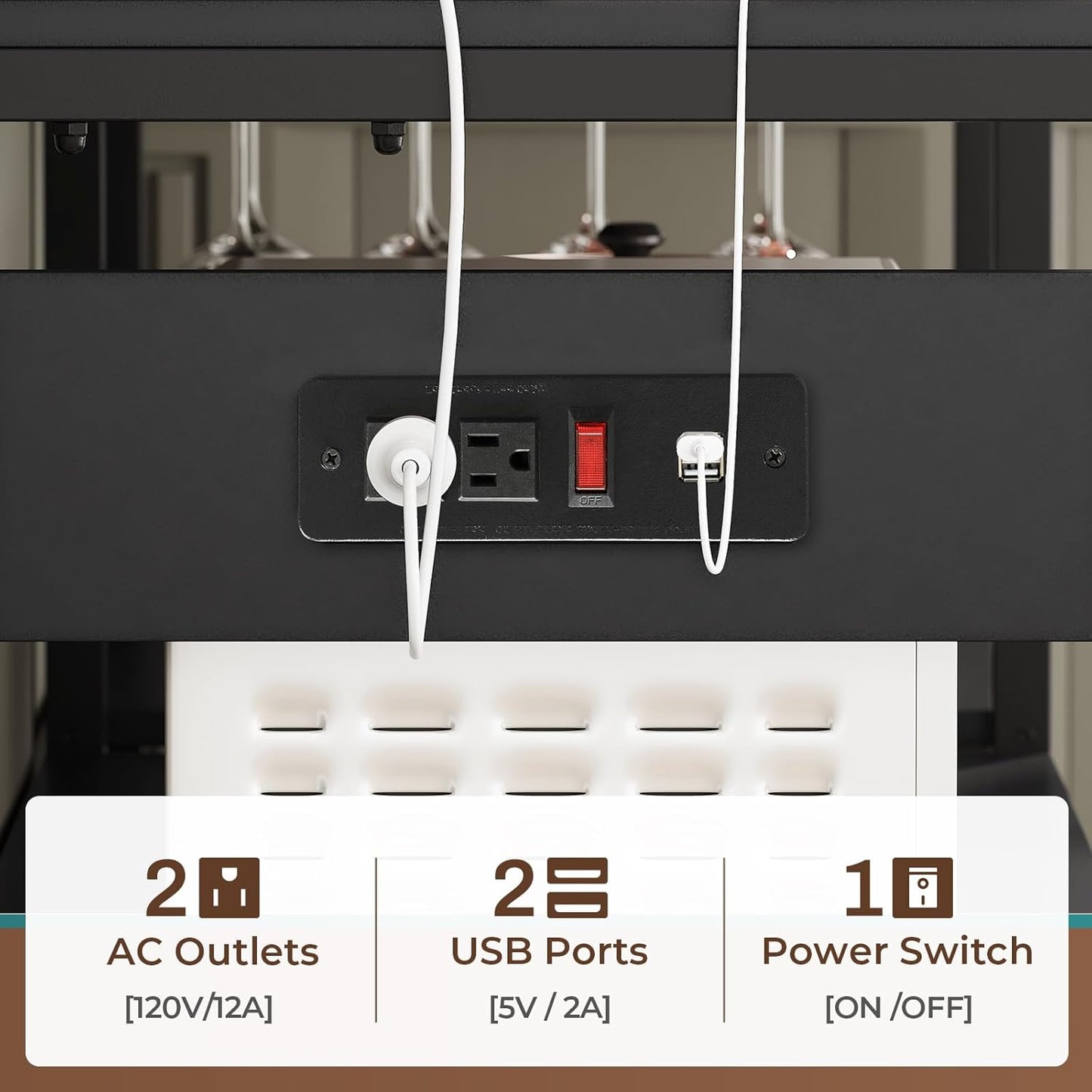 Itaar Bakers Rack with Power Outlet and LED Light, 45.3 Inch Farmhouse Coffee Bar Cabinet, Kitchen Microwave Stand with Storage, Glass Cabinet, Goblet Holder and 8 Hooks, Black