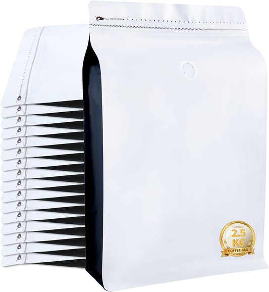 New 2.5 KG Large Capacity Coffee Bags with Valve (50 PCS) White Sides Black High Barrier Aluminum Foil Flat Bottom Standing Coffee Beans Storage Packaging Bags, Reusable Heat Seal Side Zipper Pouches