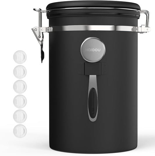 HAIOOU Large Coffee Canister, 38OZ Oversized Stainless Steel Coffee Bean Storage Container with Date Tracker, Measuring Scoop, CO2 Releasing Valves for Beans, Grounds and more - Black