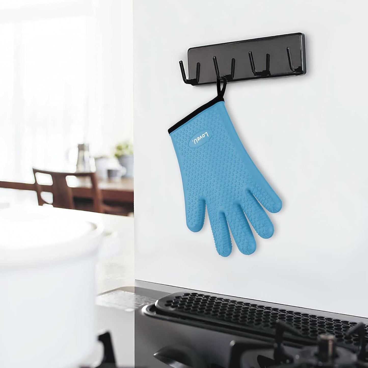 Kitchen Oven Gloves - Dual-Layer Heat Resistant Grilling Gloves, Silicone Oven Mitts with 5 Fingers, Waterproof Non-Slip Pot Holder for Barbecue, Cooking, Baking (XL-XXXL, Blue)