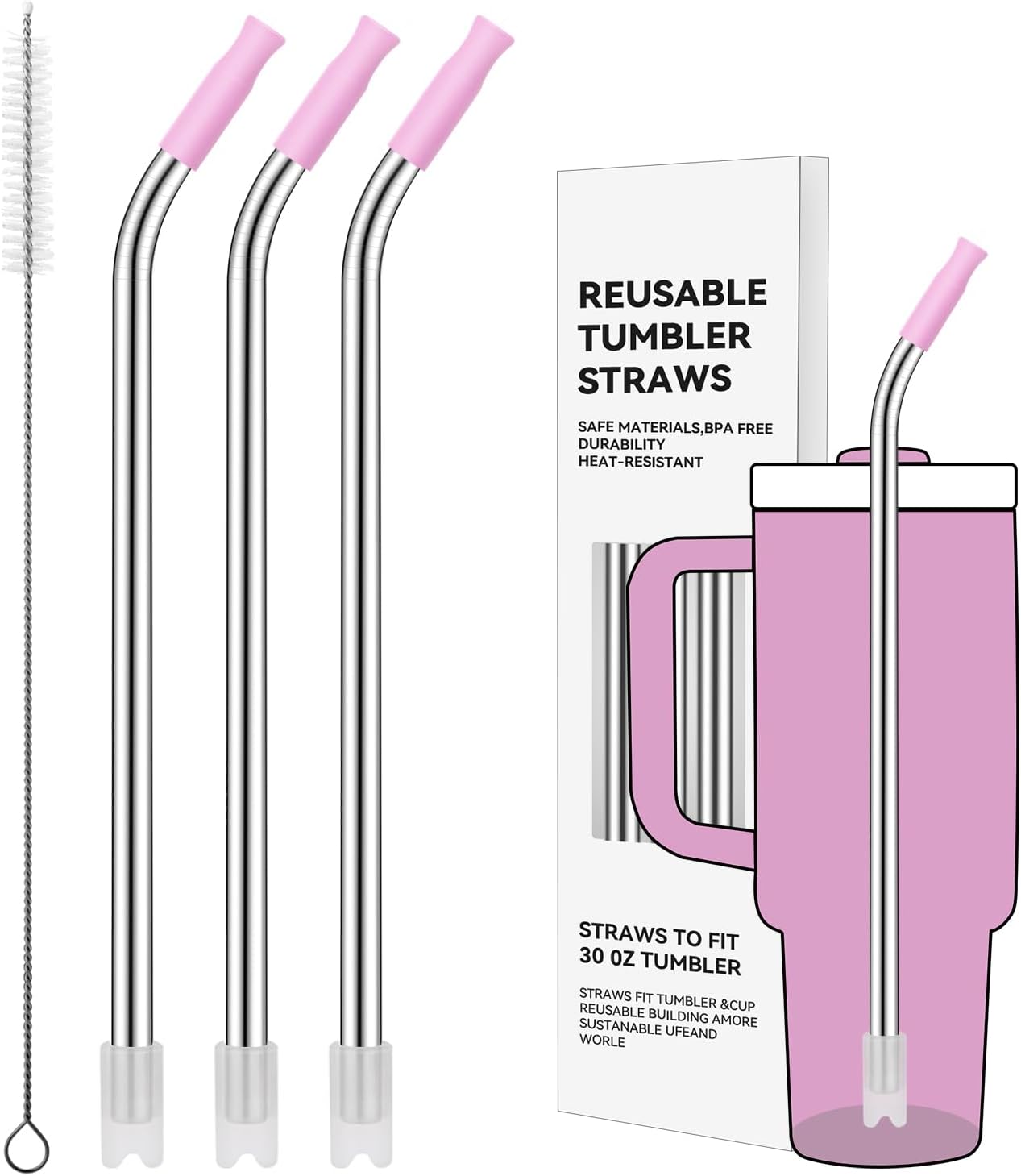 Reusable Stainless Steel Straws with Silicone Tip for Stanley 30oz, Metal Drinking Straws for 30oz Tumbler,3 Bent Tubes & 6 Tips& 1 Cleanr Brush (Lilac)