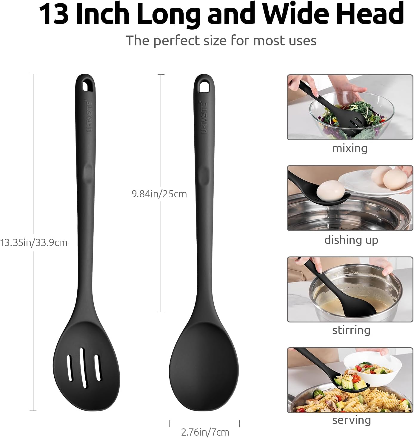 600ºF Heat Resistant Silicone Spoons: U-Taste 13.3in Solid & Slotted Kitchen Cooking Spoon, Nonstick Long Rubber Utensil, Sturdy for Mixing, Serving, Stirring, Frying, Draining (Black, 2PCS)