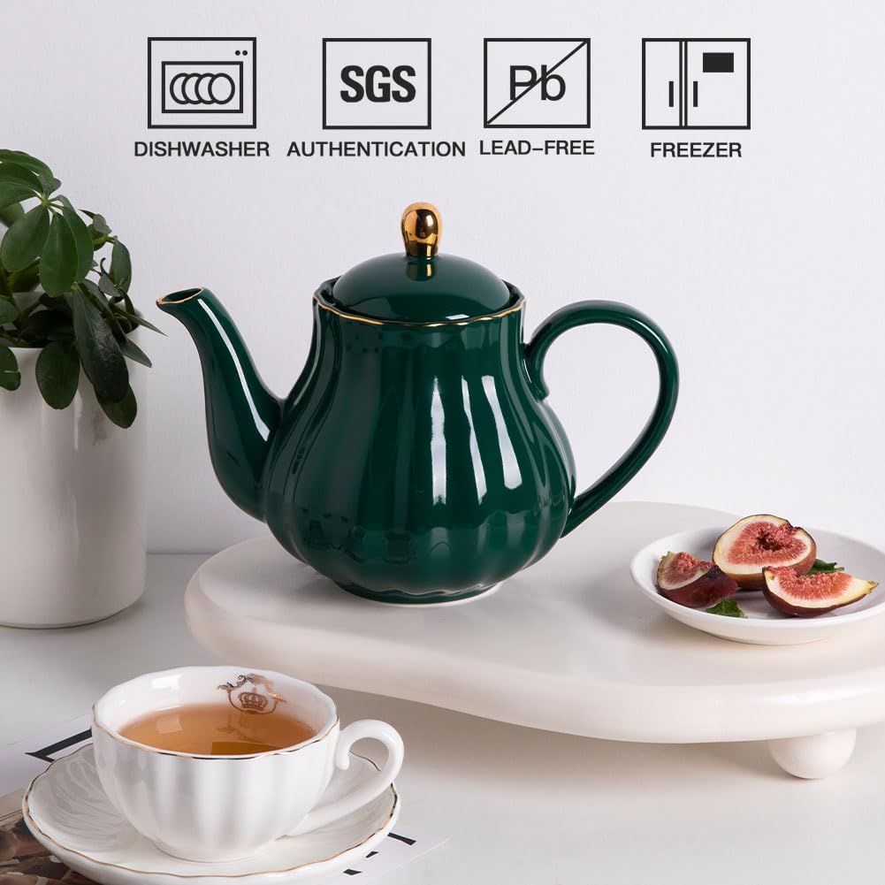 Sweejar Royal Teapot, Ceramic Tea Pot with Removable Stainless Steel Infuser, Blooming & Loose Leaf Teapot - 40 Ounce (Jade)