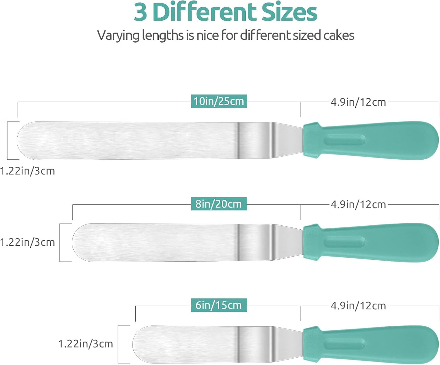 Icing Spatula, U-Taste Offset Spatula Set with 6", 8", 10" Blade, 18/0 Stainless Steel with PP Plastic Handle Angled Cake Decorating Frosting Spatula Set of 3 (Teal/Aqua Sky)