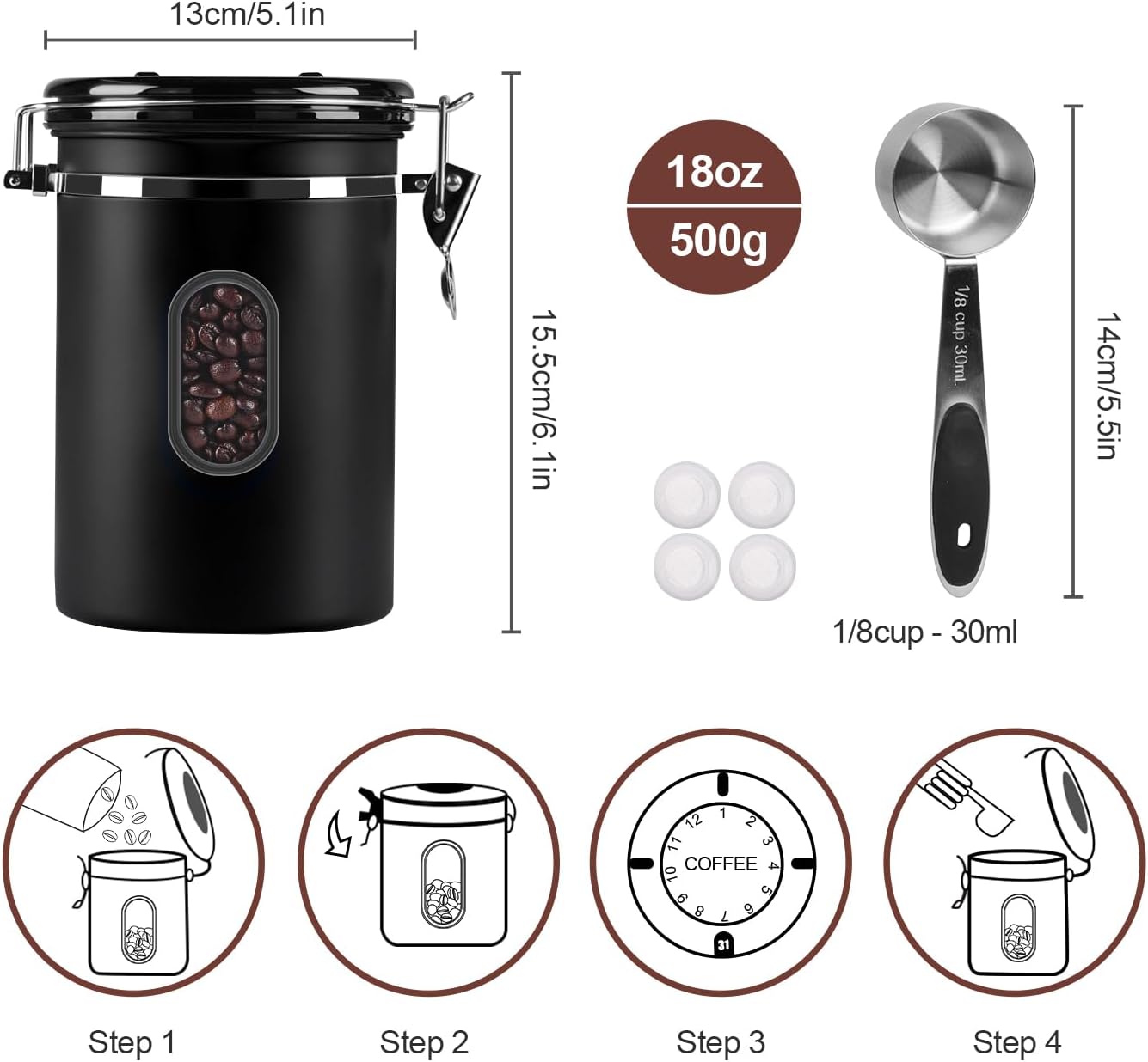 1500ML Airtight Coffee Canister with Date Tracker&Transparent Window, 18OZ Coffe Beans Storage with 30ML Measure Spoon&4 co2 Valve, Coffee Container for Grounds Coffee, Beans, Tea, Sugar, Flour(Black)