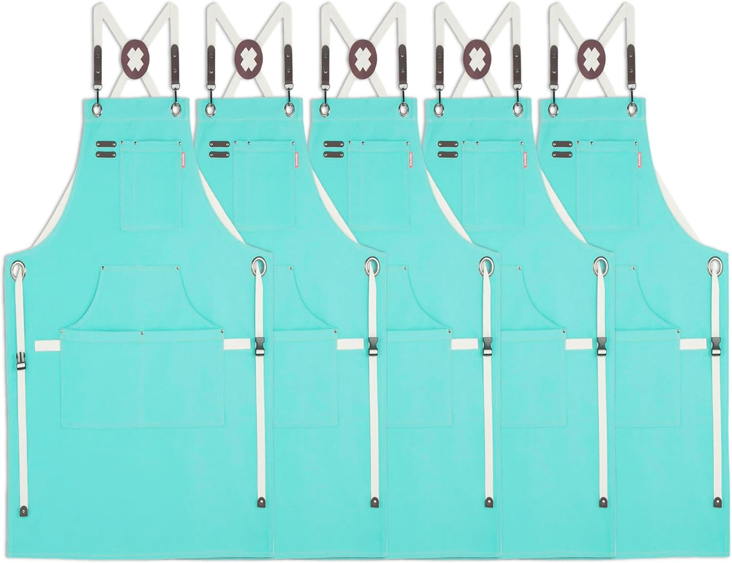 5 Pack Kitchen Apron, Work Apron, Canvas, Multiple Pockets, Gardening, Painting, BBQ, Artist, Carpenter, Sizes M to XXL, Ice Blue