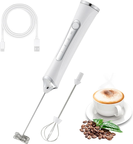 Handheld Electric Milk Frother with 2 Heads, Coffee Whisk Foam Mixer with USB Rechargeable 3 Speeds, Foam Maker Blender for Latte, Cappuccino, Hot Chocolate, Egg (White)