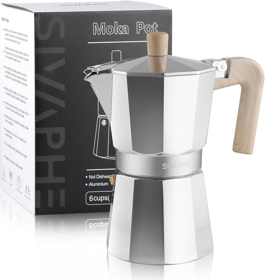 Sivaphe Aluminum Moka Pot 6 Espresso Cups, Percolator Espresso and Coffee Maker, Portable Stovetop Italian and Cuban Café Brewer for Home and Camping Sliver