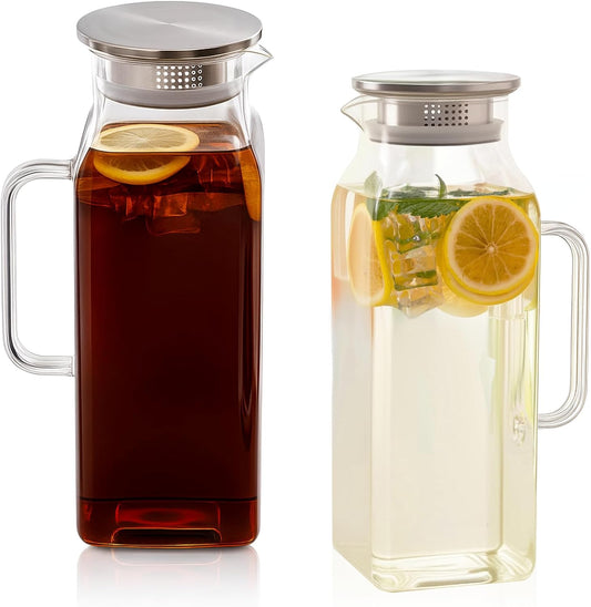 Glass Pitcher, 2 Pack 2L/68oz Glass Water Pitcher with Lid and Spout, Heat/Cold Resistant Borosilicate Glass Water Carafe for Coffee, Juice and Homemade Beverage (TG05)