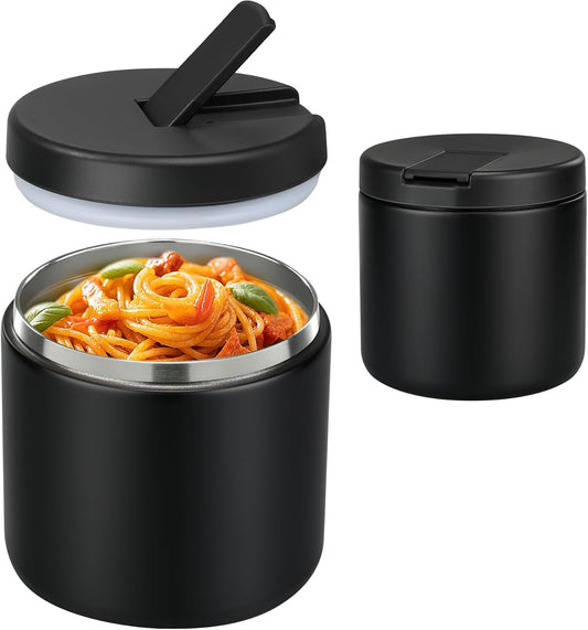 19oz Insulated Vacuum Food Jar with Buckle Lid Wide Mouth Soup Thermo for Hot Food Kids Leakproof Stainless Steel Lunch Container- Black-1Pack