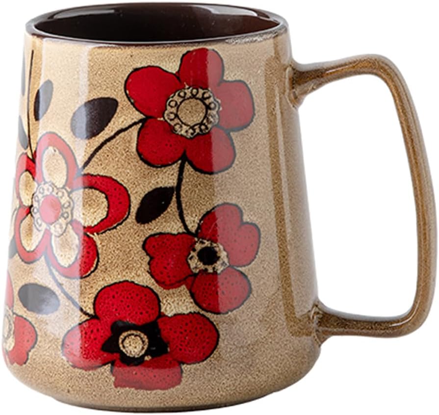 Large 24 oz Ceramic Coffee Mug with Handle, Vintage Floral Coffee Cup, Extra Big Tea Cup for Office and Home, Dishwasher and Microwave Safe, Khaki with Red Flower